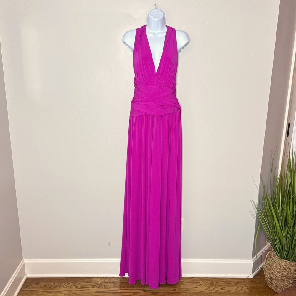 Halston Heritage NWT Gown 10‎ Petunia Pink Deep V Neck Crisscross Back Maxi
